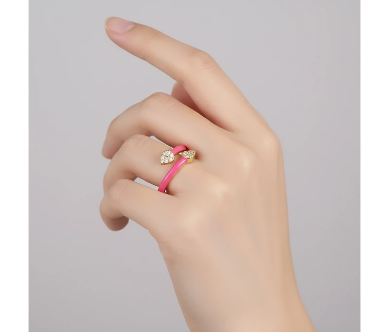 Sterling Silver 14k Yellow Gold Plated with Cubic Zirconia Bypass Magenta Pink Enamel Stacking Ring