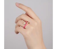 Sterling Silver 14k Yellow Gold Plated with Cubic Zirconia Bypass Magenta Pink Enamel Stacking Ring