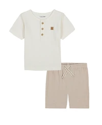 Calvin Klein Baby Boys 2-Piece Slub Jersey Henley T-Shirt and Tonal Plaid Shorts Set