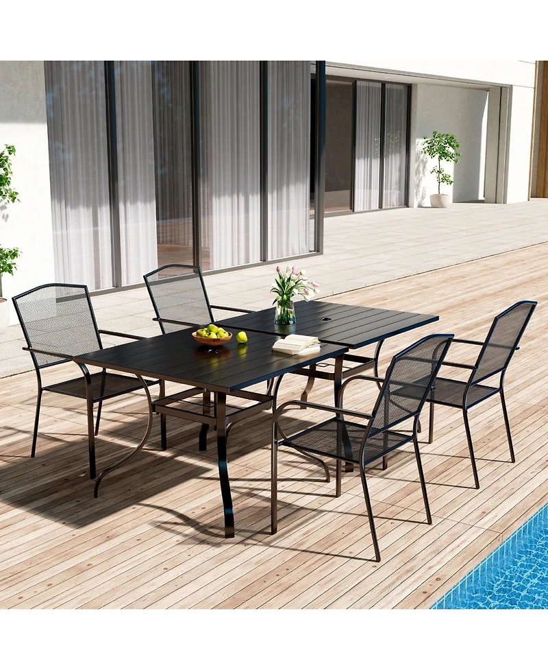6-Piece Metal Outdoor Patio Dining Set with Square Table with 1.65 in. Umbrella Hole and Dining Chairs