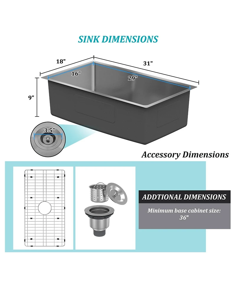 31-Inch Stainless Steel Sink Under The Table Single Grooves Thick 18Ga With Drain Grid And Drainer