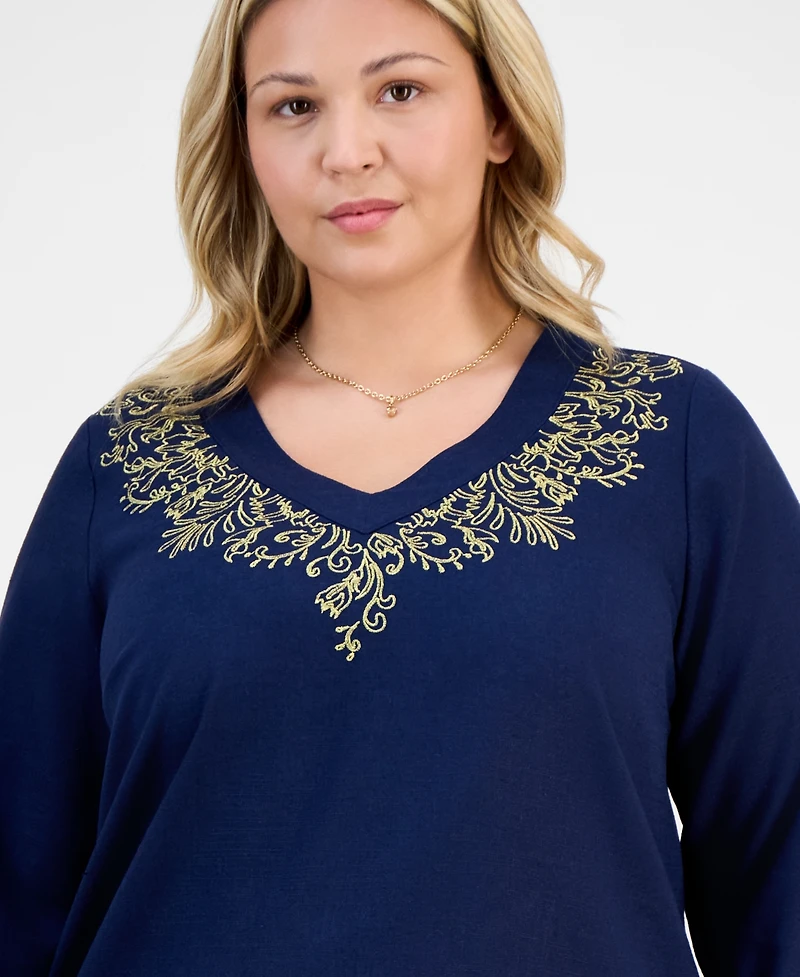 Jm Collection Plus Metallic Embroidered V-Neck Top, Exclusively at Macy's