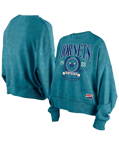 New Era Women's Teal Charlotte Hornets Hardwood Classics Enzyme Wash Oversized Boxy Pullover Sweatshirt