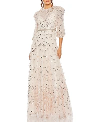 Mac Duggal Women's Floral Applique Puff Sleeve High Neck A-Line Gown