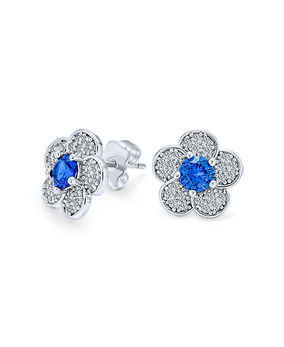 Bling Jewelry Flower Petals Cubic Zirconia Pave Cz Stud Earrings Blue Center Silver Plated Brass