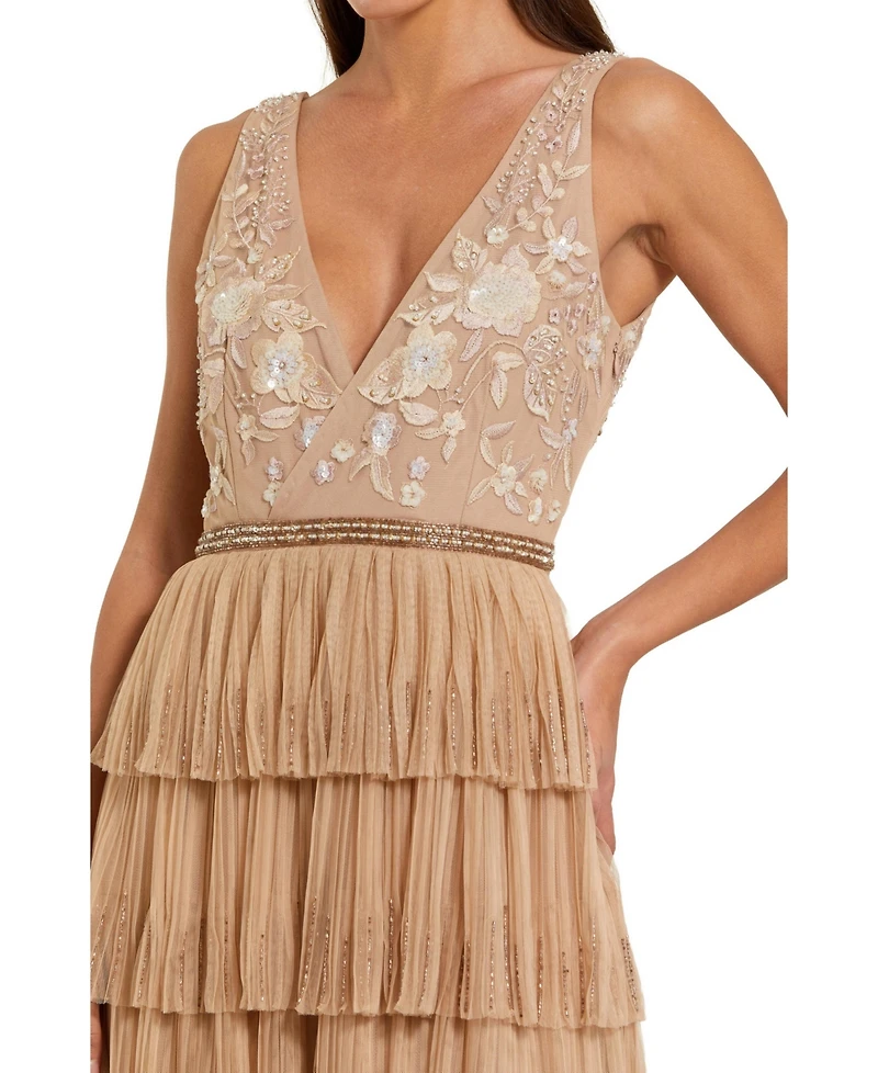 Mac Duggal Women's Beaded Mesh V Neck Gown With Tiered Ruffles