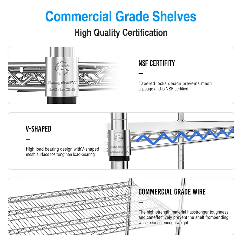 5 Tier Heavy Duty Adjustable Storage Rack Metal Shelf Wire Shelving Unit with Wheels and Shelf Liners