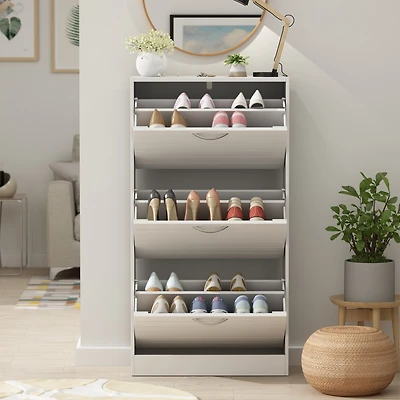 Wooden 3-door white shoe cabinet, shutter door drawers, multi-purpose shoe rack with adjustable shelves