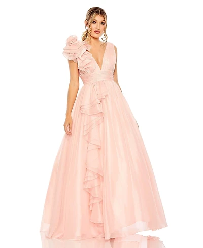 Mac Duggal Women's Ruffle Shoulder V-Neck Chiffon Gown