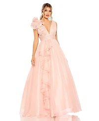 Mac Duggal Women's Ruffle Shoulder V-Neck Chiffon Gown