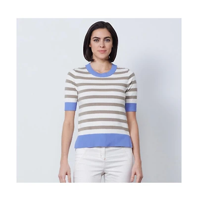 Etcetera Women's Beige Blue Stripes Jersey Pullover Sweater Notebook