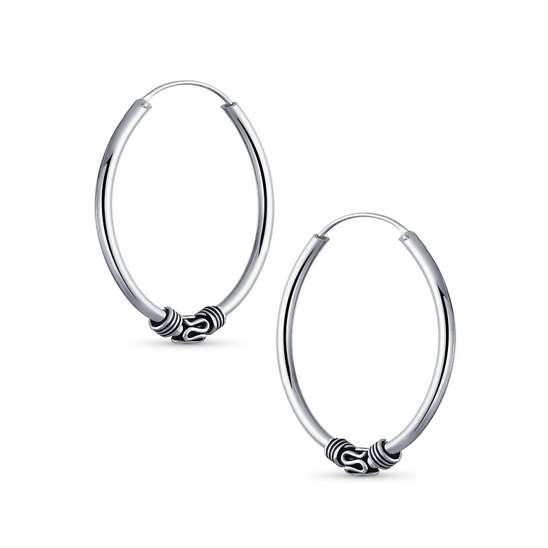 Bling Jewelry Bali Tribal Swirl Hoop Huggie Earrings Oxidized Sterling Silver Multiple Sizes