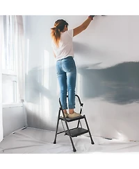 2 Non-slip step ladder, quick folding steel ladder Sturdy metal supported household tools for home/office work at altitude, portable step tools