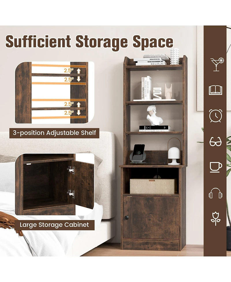 Bedside Tables Tall Nightstands with 5 Open Shelf and Cabinet