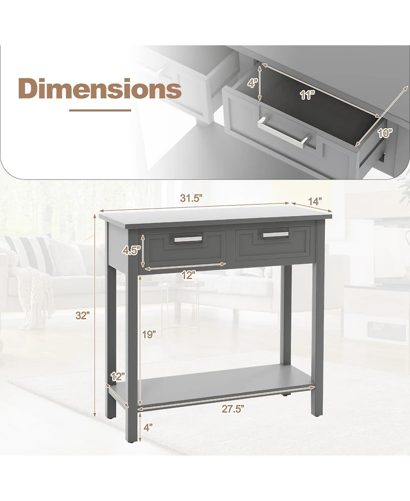 Narrow Console Table with Drawers and Open Storage Shelf