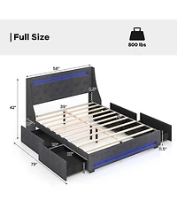 Full Size Bed Frame with Led Lights Wingback Headboard and Charging Station