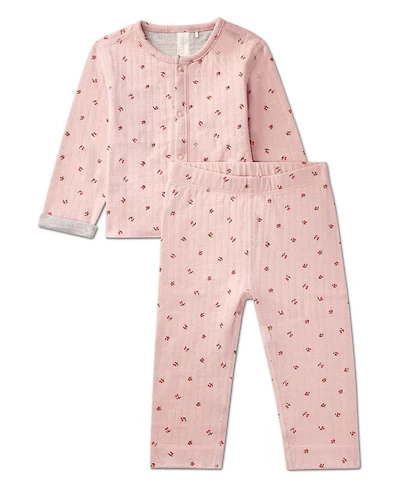 MeMoi Baby Girls 2 Piece Reversible "Sweet Cherry" Pointelle Snap-Up Top and Pants Set