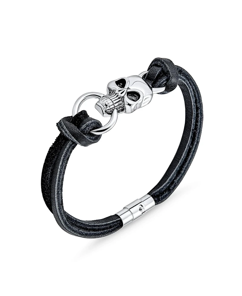 Bling Jewelry Biker Jewelry Hip Hop Goth Punk Rock Skull Heads Black Leather Studded Rivet Stainless Steel Multi Strand Skull Heads Cuff Bracelet