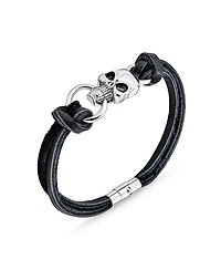 Bling Jewelry Biker Jewelry Hip Hop Goth Punk Rock Skull Heads Black Leather Studded Rivet Stainless Steel Multi Strand Skull Heads Cuff Bracelet