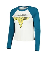 Daydreamer Women's Cream/Teal Van Halen 1980 World Invasion Tour Shrunken Raglan Long Sleeve Crop Top T-Shirt