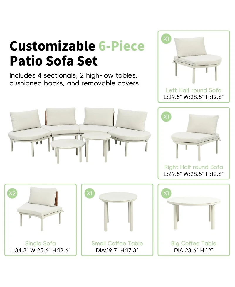6-Piece Half Moon Patio Sofa Set, Wicker, Glass Tables, Cushions & Pillows