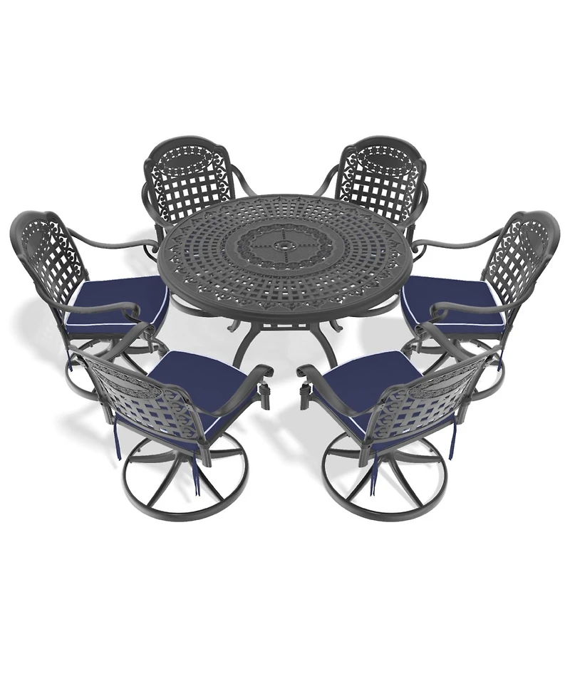Streamdale 7-Pc Cast Aluminum Dining Set, 6 Swivel Chairs, 47" Round Table, Black Frame