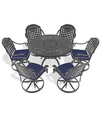 Streamdale 7-Pc Cast Aluminum Dining Set, 6 Swivel Chairs, 47" Round Table, Black Frame
