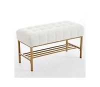 Streamdale Embroidered Fabric Upholstered Shoe Bench with Shelf and Metal Legs