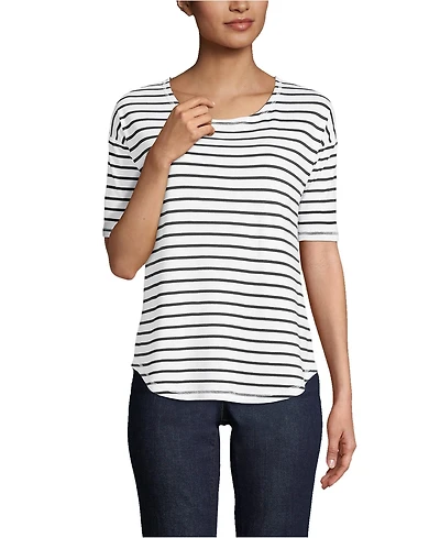 Lands' End Women's Supima Micro Modal Elbow Sleeve Balletneck Curved Hem Stripe Top