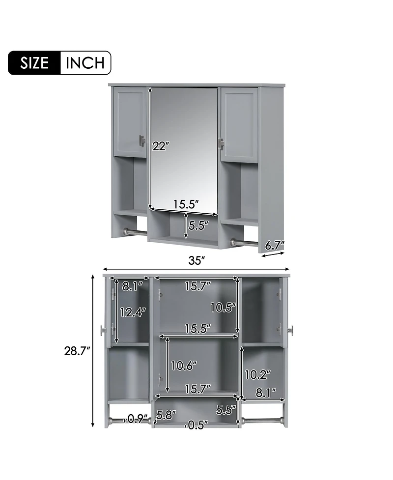 35'' x 28'' Modern Wall Mounted Bathroom Storage Cabinet, Bathroom Wall Cabinet with Mirror, Medicine Cabinet with Towels Bar