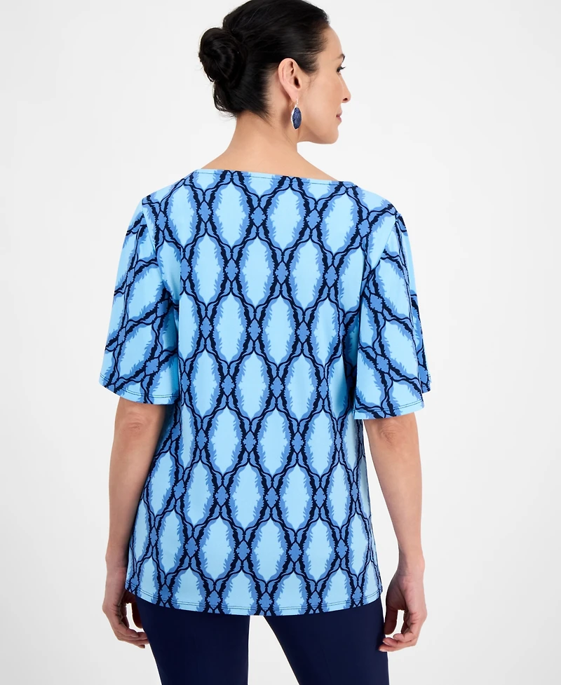 Jm Collection Petite Medallion-Print Flutter-Sleeve Top, Exclusively at Macy's