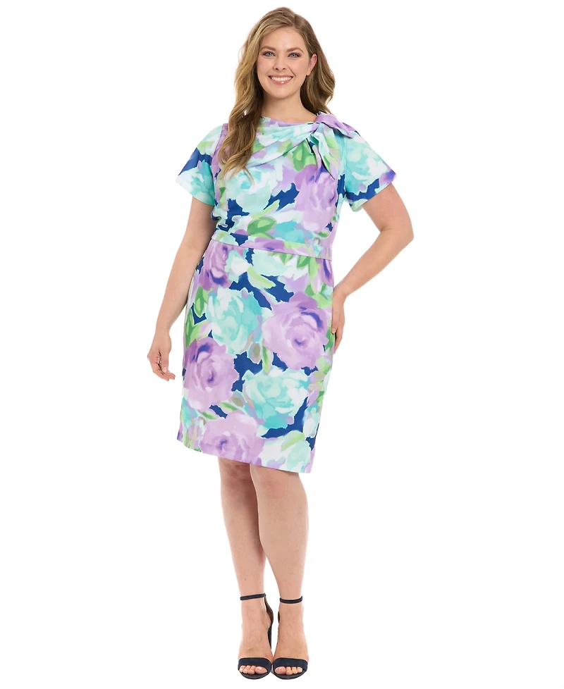London Times Plus Floral-Print Tie-Neck Sheath Dress