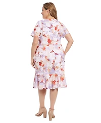 London Times Plus Floral-Print Twist-Front Midi Dress
