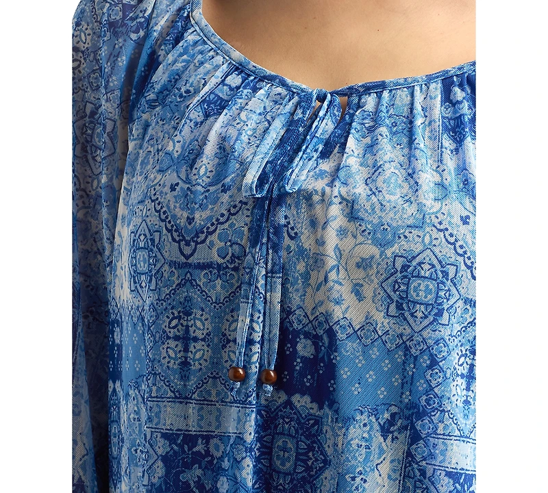 Bcx Juniors' Printed-Mesh Peasant 3/4-Sleeve Top