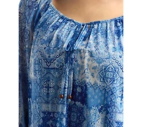 Bcx Juniors' Printed-Mesh Peasant 3/4-Sleeve Top