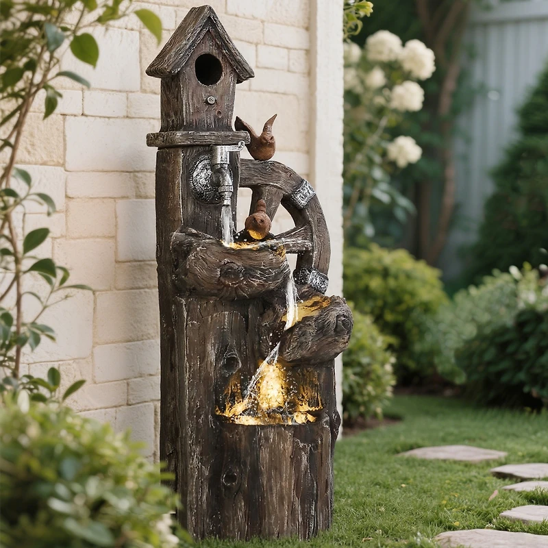 Outsunny 2-in-1 Outdoor Water Fountain with Birdhouse, Outdoor Waterfall
