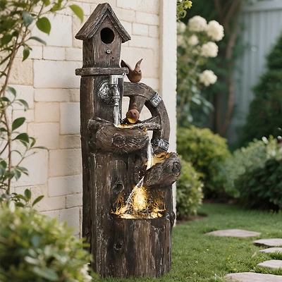 Outsunny 2-in-1 Outdoor Water Fountain with Birdhouse, Outdoor Waterfall