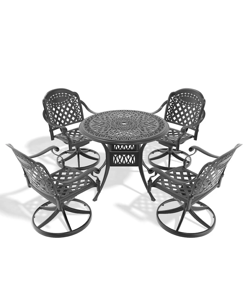 Streamdale 5-Piece Cast Aluminum Dining Set, 4 Swivel Chairs, 35" Round Table