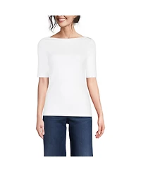 Lands' End Women's Supima Cotton Elbow Sleeve Boatneck Button Shoulder Tee