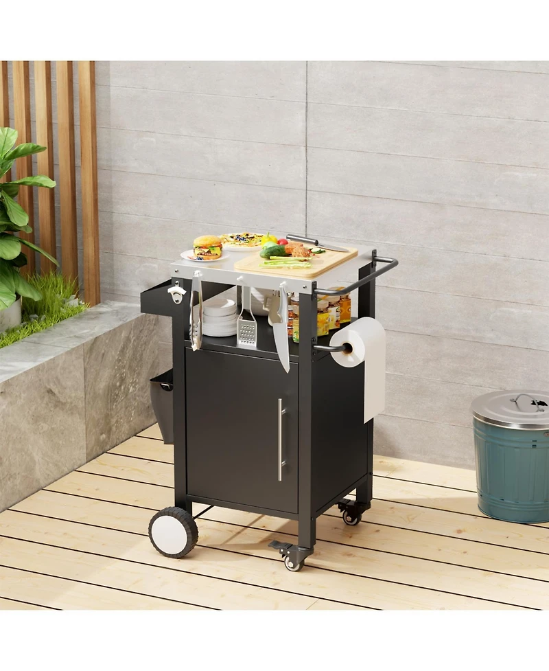 Streamdale Black Outdoor Grill Cart, Rolling Bbq Table with Storage & Hooks