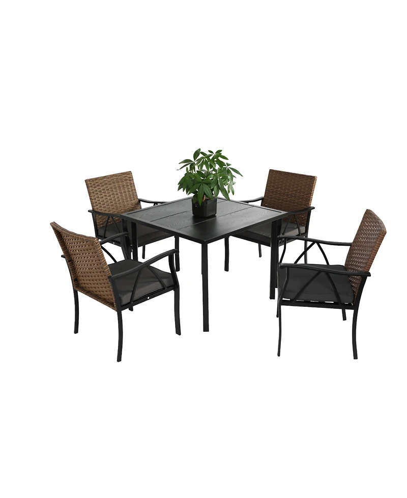 Streamdale 5-Pc Wicker Patio Dining Set, Steel Table, Umbrella Hole, for Backyard/Balcony