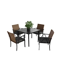 Streamdale 5-Pc Wicker Patio Dining Set, Steel Table, Umbrella Hole, for Backyard/Balcony