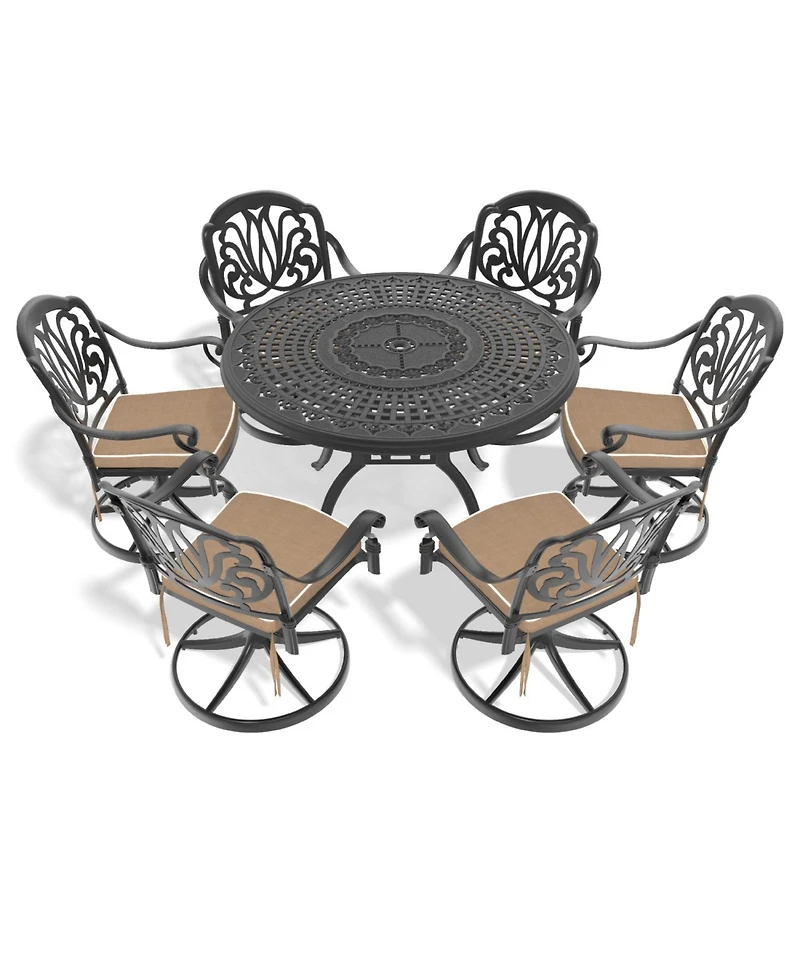 Streamdale 7-Pc Cast Aluminum Dining Set, 6 Swivel Chairs, 47" Round Table, Black Frame