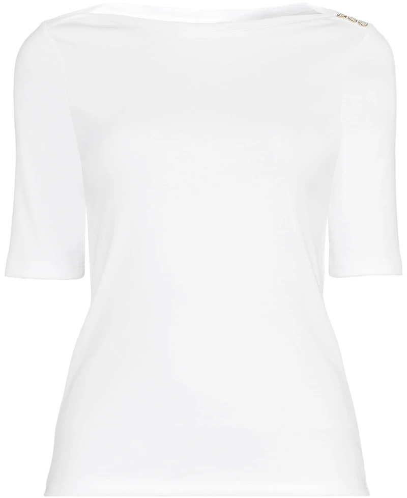 Lands' End Women's Supima Cotton Elbow Sleeve Boatneck Button Shoulder Tee