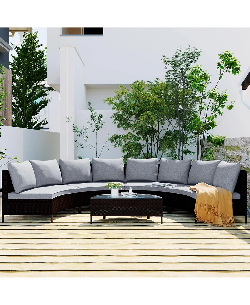 Streamdale 5-Piece Brown Wicker Patio Half-Moon Sofa Set with Gray Cushions
