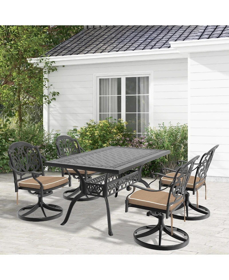 Streamdale 5-Pc Cast Aluminum Dining Set, 4 Swivel Chairs & Rectangular Table, Black Frame
