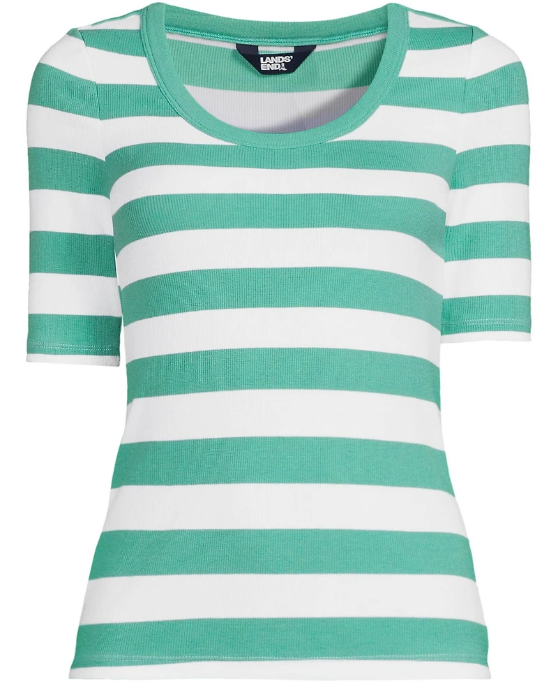 Lands' End Women's Drapey Rib Fitted Elbow Sleeve Scoop Neck Tee