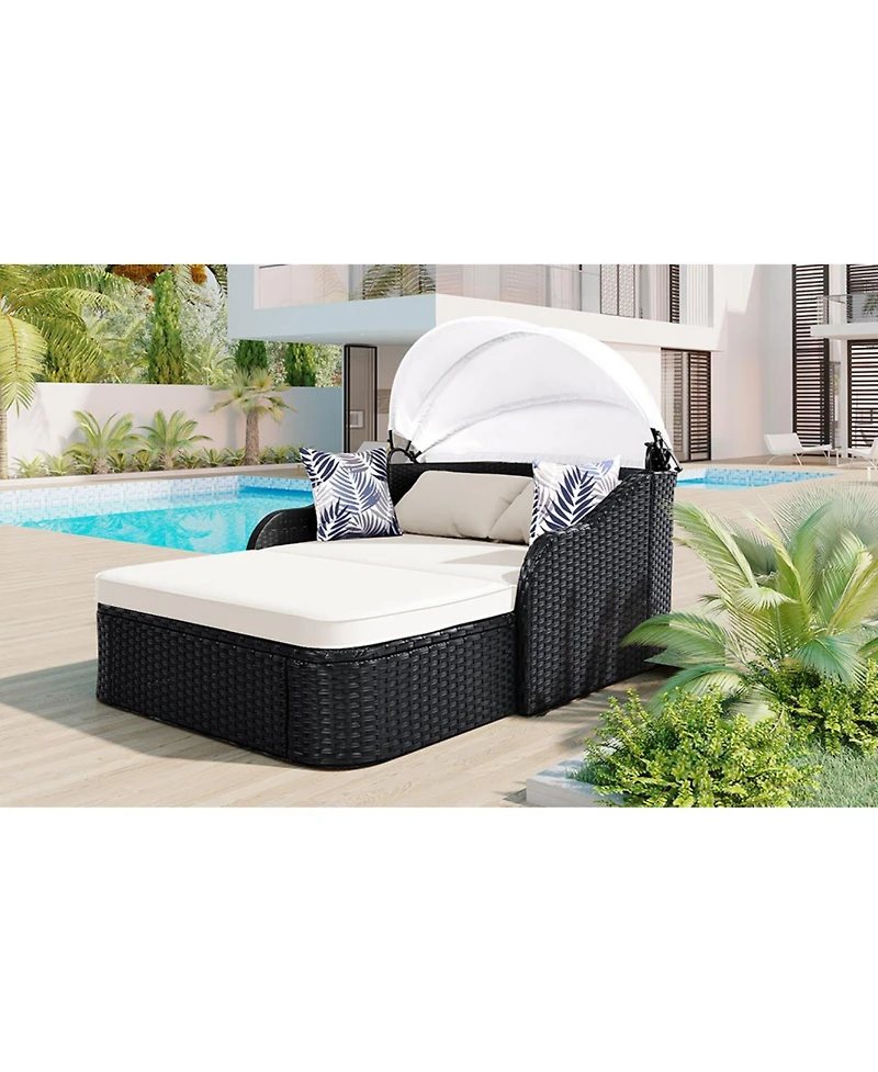 Streamdale 79,9" Outdoor Sunbed, Adjustable Canopy, Double Lounge, Black Wicker