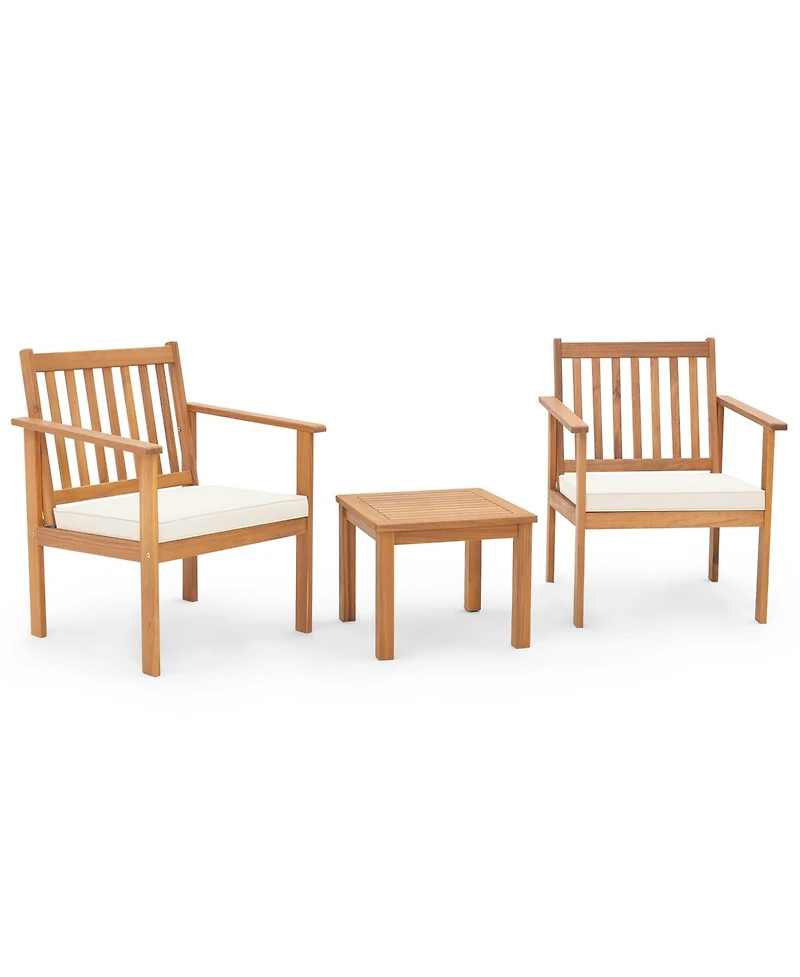 3 Pcs Patio Wood Furniture Set Acacia Wood Chairs & Coffee Table with soft Cushions