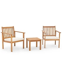 3 Pcs Patio Wood Furniture Set Acacia Wood Chairs & Coffee Table with soft Cushions